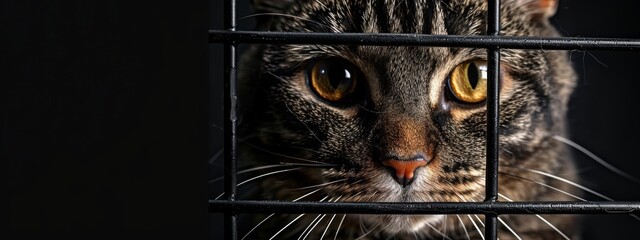 Curious Tabby Cat Peeking Through Metal Bars of a Cage with Sad Eyes - obrazy, fototapety, plakaty