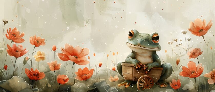 Cartoon character of a frog in the garden with a cart and flowers, watercolor illustration, good for cards and prints