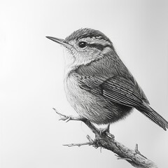 Hand Drawn Pencil Sketch Illustration of a Wren Bird. Black and White Composition on a White Background.