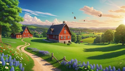 Gordijnen Spring landscape in village with green field in bright colours  © Fukurou