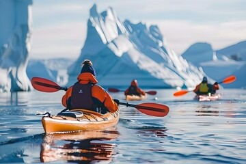 Group of kayakers on glacial lake with icebergs. Greenland landscape, Arctic exploration. Active travel lifestyle concept. Winter tourism, adventure, vacation freedom. Design for banner, poster 