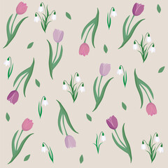 Seamless floral pattern with lilac, pink and purple tulips, snowdrops and leaves.Spring vector illustration on beige background. For wrapping, textile, backgrounds, posters.