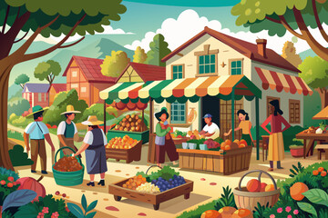 Obraz na płótnie Canvas Charming village market with vendors selling fresh produce and handmade goods Illustration