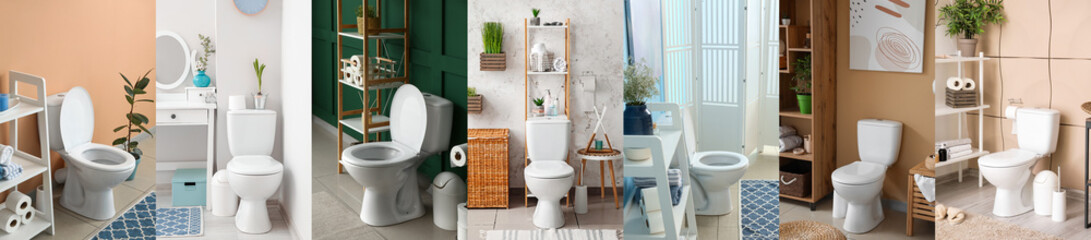 Group of modern interiors of restroom with ceramic toilet bowls