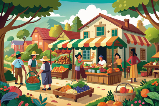Charming village market with vendors selling fresh produce and handmade goods Illustration
