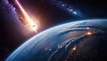 Meteorite asteroid on the planet Earth orbit