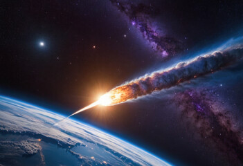 Meteorite asteroid on the planet Earth orbit