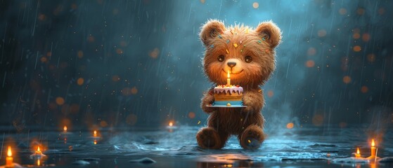 Obraz premium This is a cute birthday bear with a cake and candles, a watercolor style illustration, a holiday card with a cartoon character good for printing and cards