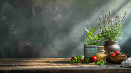 A table with a vase of lavender, a vase of basil, a vase of tomatoes - obrazy, fototapety, plakaty