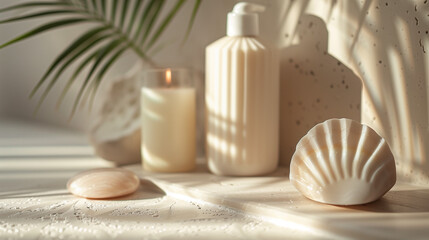 Fototapeta na wymiar A white bottle of lotion sits on a table next to a candle and a seashell