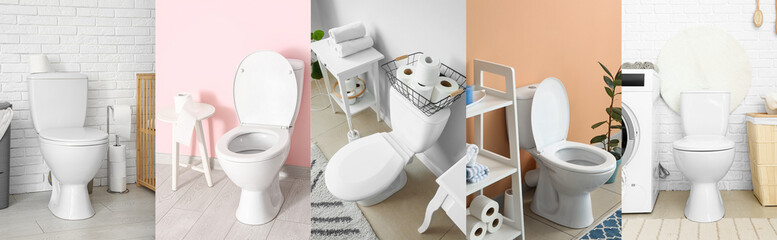 Set of modern interiors of restroom with ceramic toilet bowls
