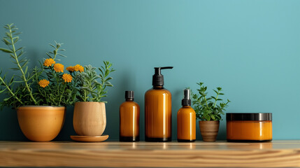 A shelf with a variety of bottles and vases, including a large jar - obrazy, fototapety, plakaty