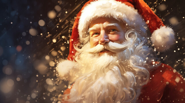 A painting of a santa claus with a christmas tree in the background, Beautiful picture of santa claus.
