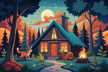 Cabin in the woods with a crackling fire and woodland creatures Illustration