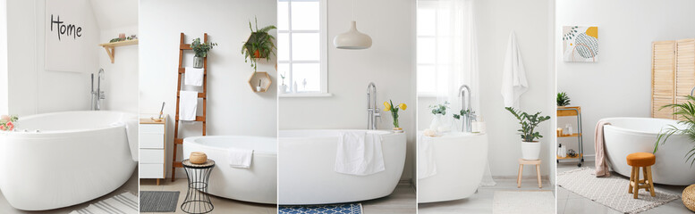 Set of interiors of bathrooms with ceramic bathtub