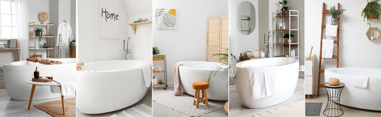 Collage of interiors of bathrooms with ceramic bathtub
