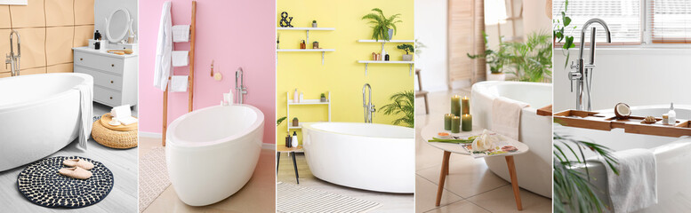 Set of interiors of bathrooms with ceramic bathtub