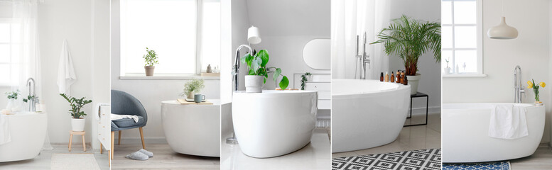 Collage of interiors of bathrooms with ceramic bathtub