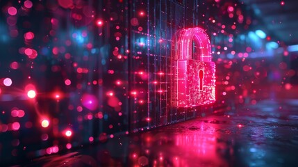 Futuristic cyber security concept with glowing red chain links and digital particles