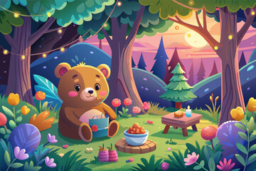Cute teddy bear picnic in a magical forest illustration