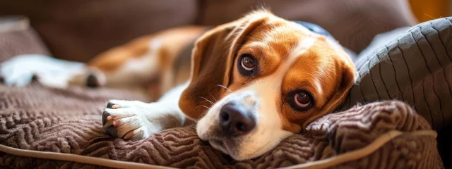 Fotobehang Puppy Diseases Common Illnesses to Watch for in Puppies Sick Beagle Puppy is lying on dog bed on the floor Sad sick beagle at home. with copy space image. Place for adding text or design © JovialFox
