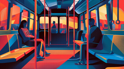 Fototapeta premium Illustration of the interior of the subway. People inside the train carriage