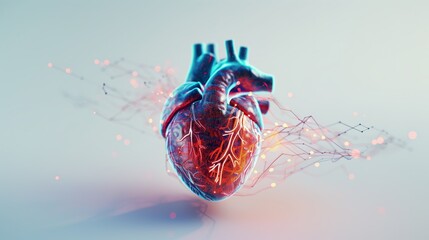 Digital 3D illustration of a human heart with blue digital red and blue cardiac pulse line, white background