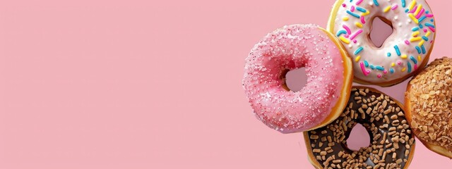 Three Delicious Donuts Arranged on a Pastel Pink Background for Sweet Dessert Concept - obrazy, fototapety, plakaty