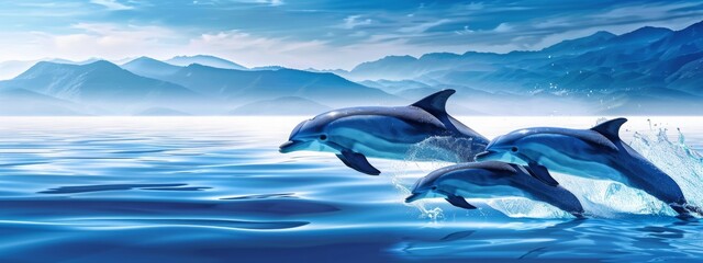 A group of dolphins gracefully gliding through the ocean waters with majestic mountains in the distant background