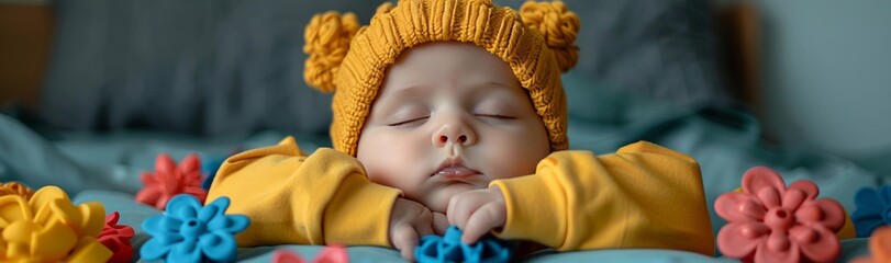 a lovely newborn wearing a pink sweater and a pink cap felt asleep while playing with plastic toys. Kids store banner - Powered by Adobe