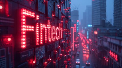 Fintech concept illuminated in neon lights on a cityscape backdrop during dusk
