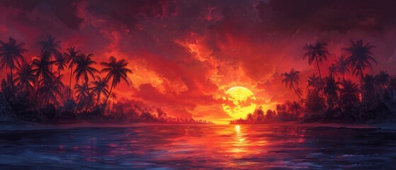 A tropical sunset with palm trees modern landscape on a digital background - obrazy, fototapety, plakaty