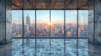 Futuristic concrete room with panoramic cityscape view and sunlit skyscrapers - obrazy, fototapety, plakaty