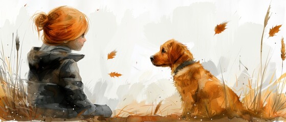 Detailed watercolor illustration with a cartoon character of a redheaded girl with a dog. Ideal for cards and prints - obrazy, fototapety, plakaty