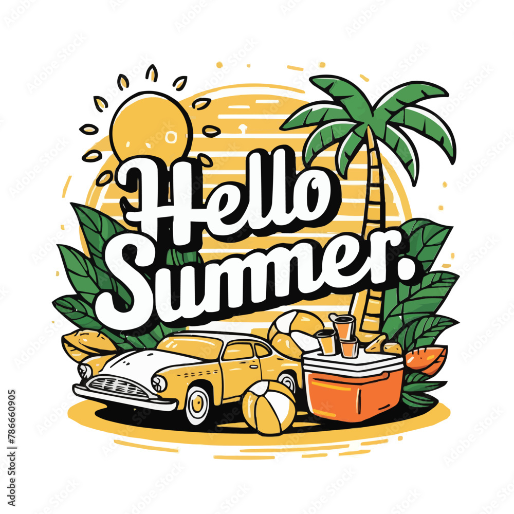 Fototapete hello summer colorful vector art illustration with different customized vector illustration art