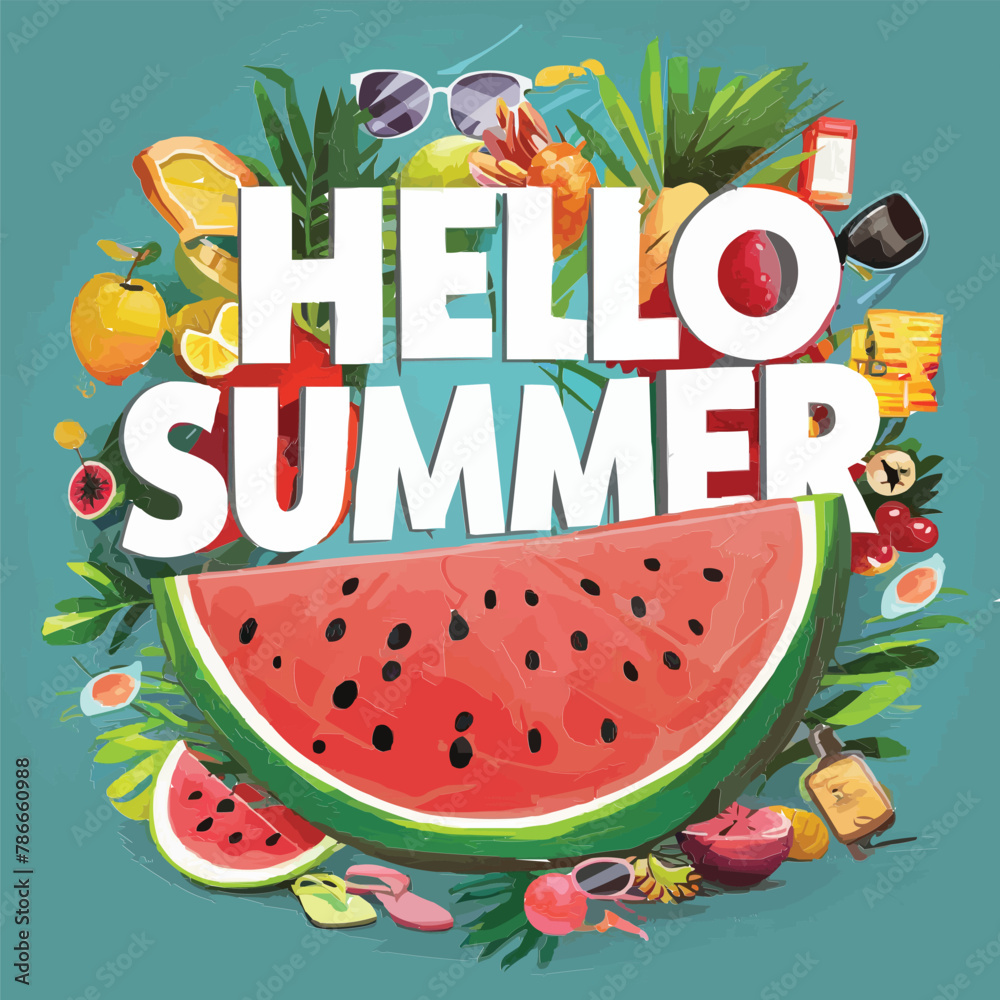 Fototapete hello summer colorful vector art illustration with different customized vector illustration art