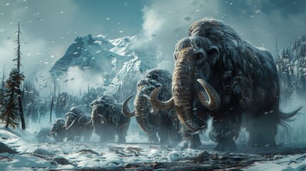 Majestic woolly mammoths in a snowy forest setting, powerful and ancient