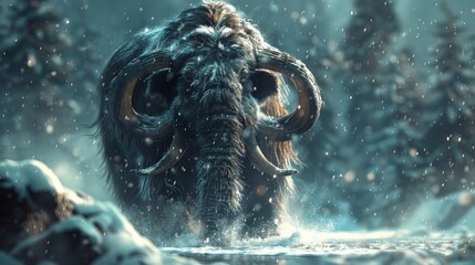 Majestic woolly mammoths in a snowy forest setting, powerful and ancient - obrazy, fototapety, plakaty