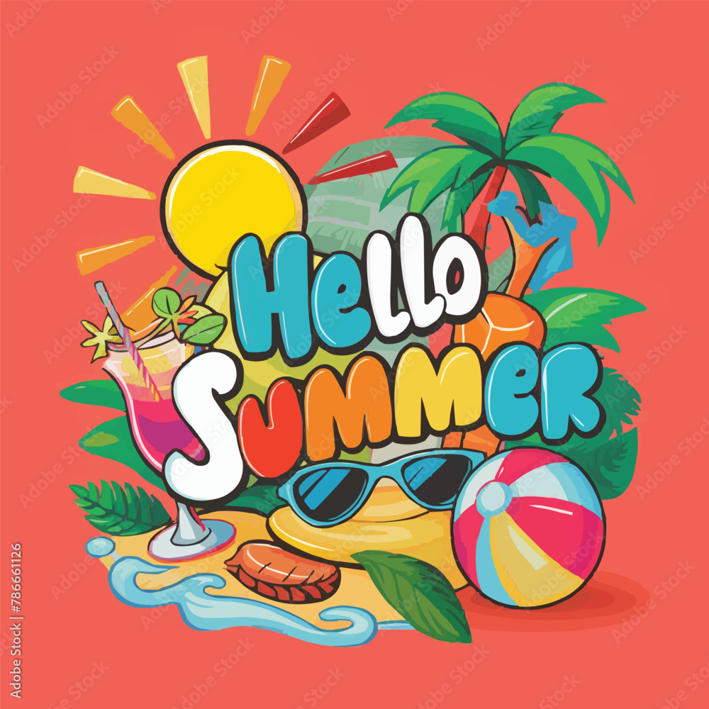 Fototapete hello summer colorful vector art illustration with different customized vector illustration art