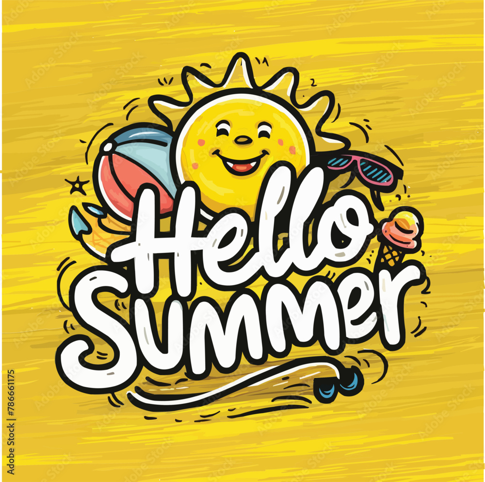 Fototapete hello summer colorful vector art illustration with different customized vector illustration art