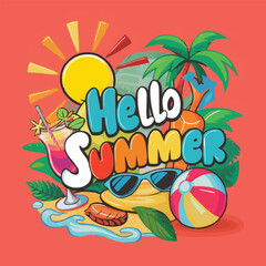 Fototapeta premium Hello summer colorful vector art illustration with different customized vector illustration art