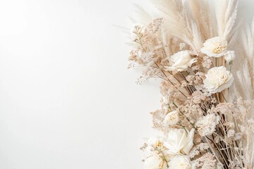 Dried flowers on a white background, modern design, with space for text and for luxury interior design, background for advertising, cover. The concept of quiet luxury.