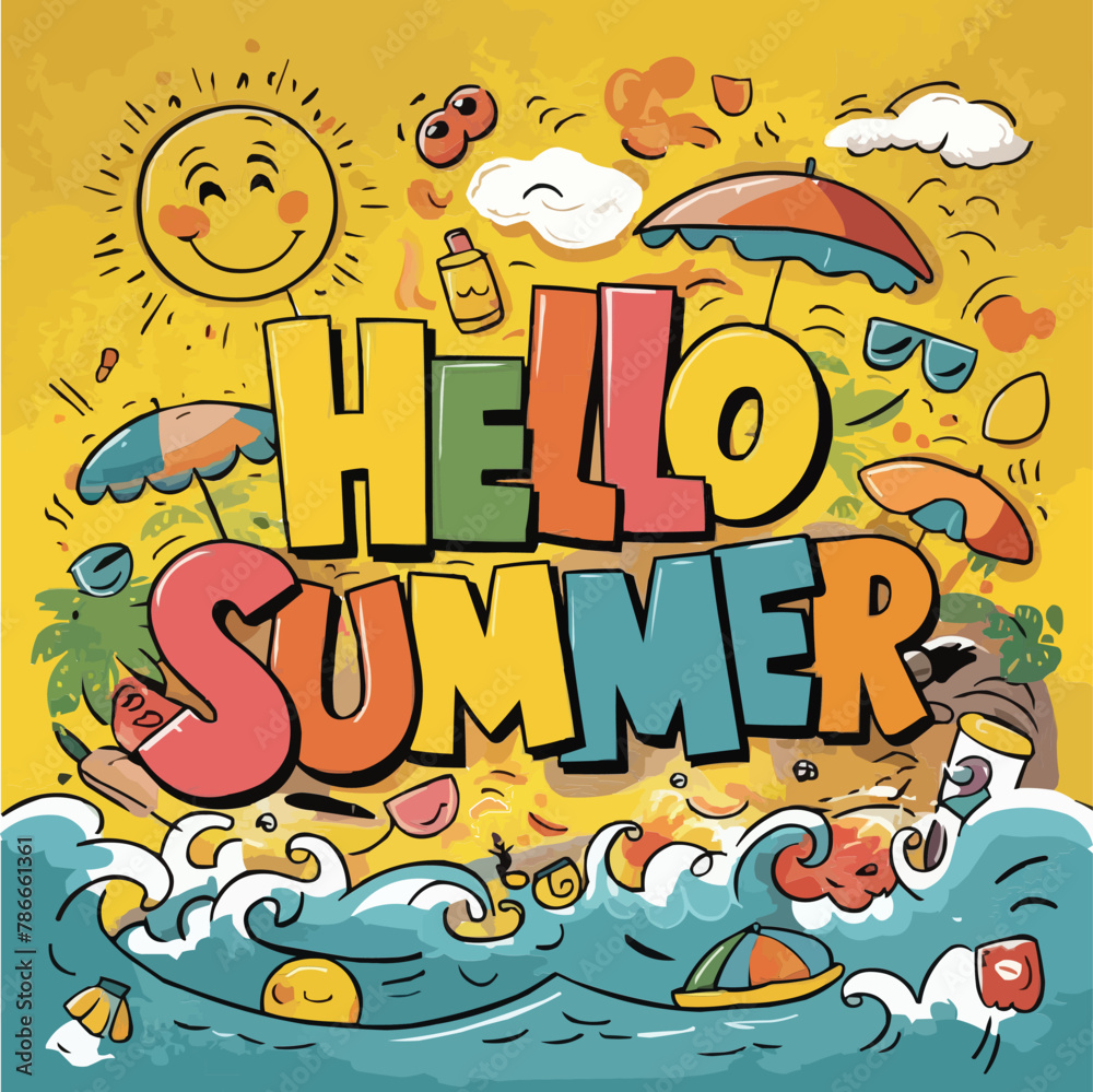 Fototapete hello summer colorful vector art illustration with different customized vector illustration art