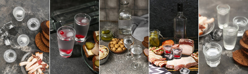 Collage of cold vodka and tasty snacks on dark grunge background