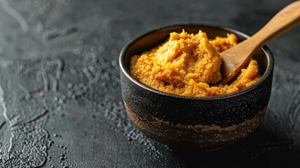 dark ceramic bowl filled with golden miso paste, with a wooden spoon resting on the side, against a...