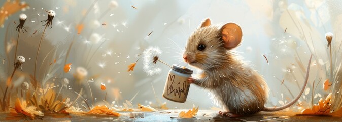 This cute little mouse is flying on a dandelion, a children's watercolor illustration with a cartoon character. It is suitable for cards and prints - obrazy, fototapety, plakaty