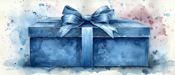 A hand drawn illustration of a blue gift box is useful for designing birthday and holiday cards