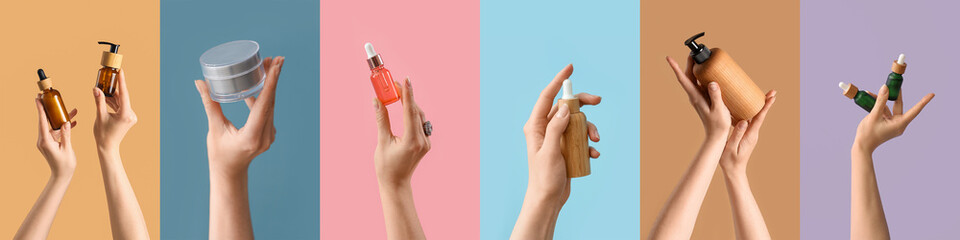 Group of female hands with cosmetic products on color background