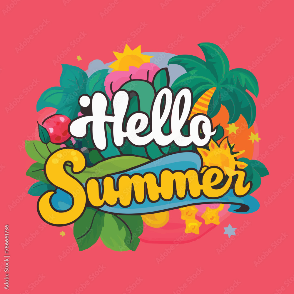 Fototapete hello summer colorful vector art illustration with different customized vector illustration art