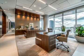 Stylish Corporate Office Interior, Panoramic Urban Outlook